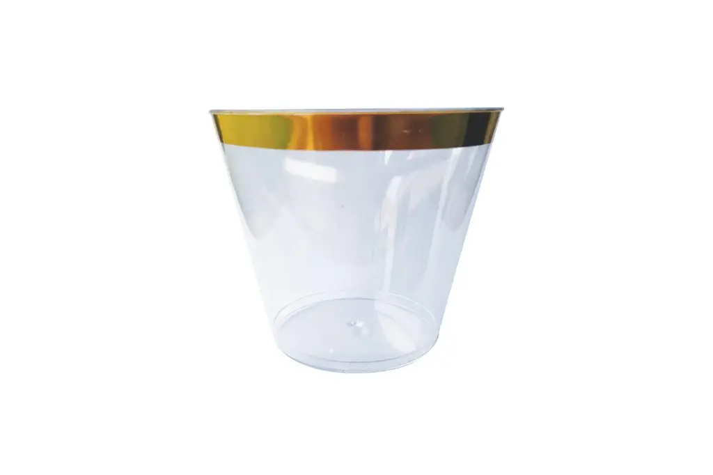 250ml Clear Hard Plastic Tumbler With Gold Rim Pk6