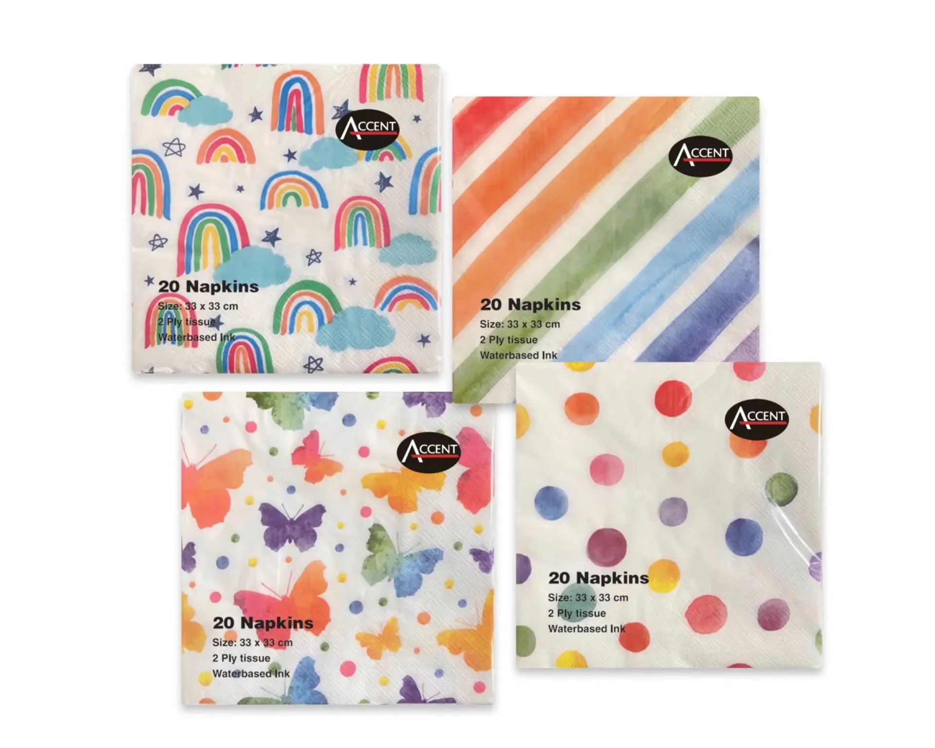 [PAR32489] RAINBOW NAPKINS PK20 2PLY 33x33cm 4 ASST COLS