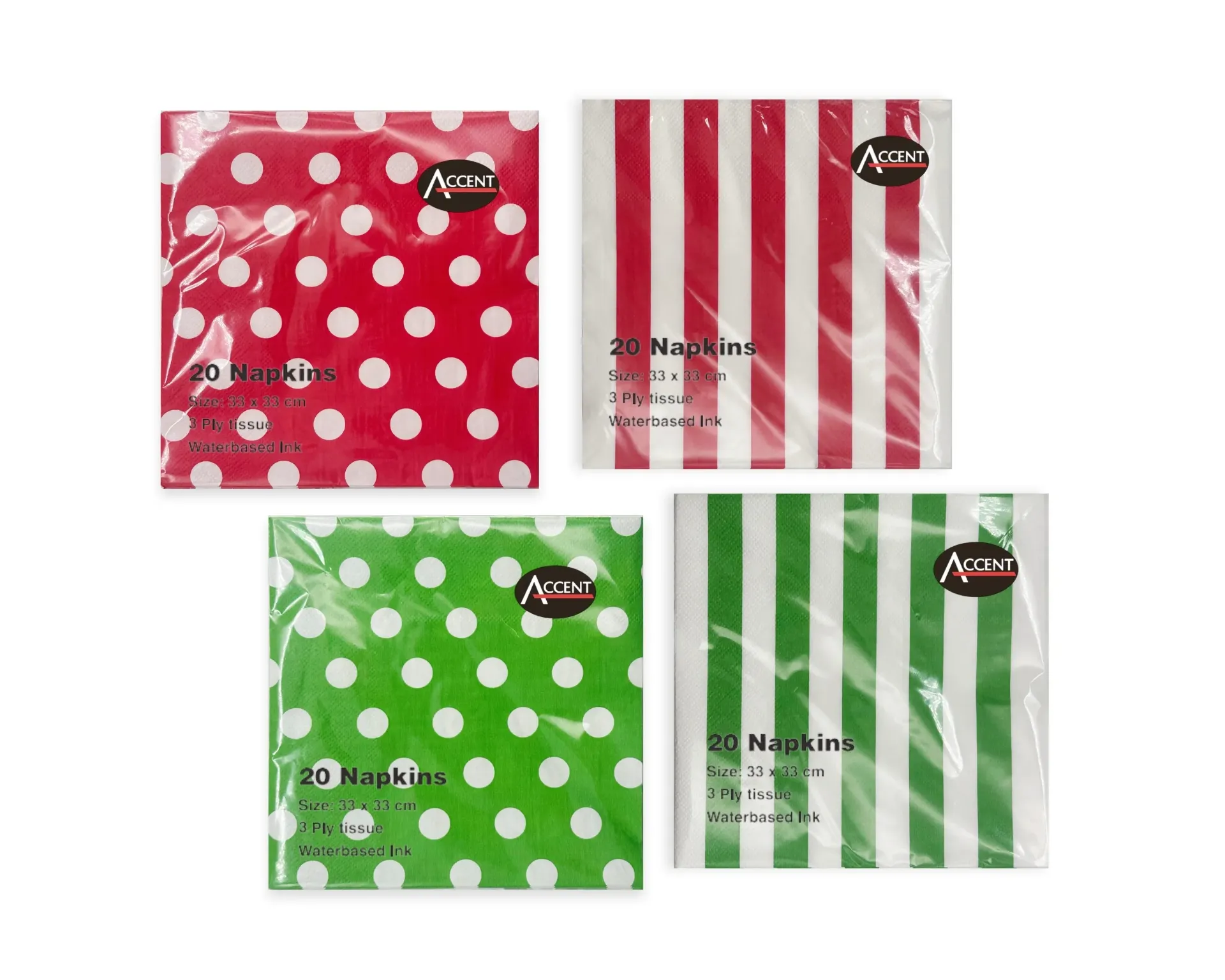 [PAR34143] RED AND GREEN DOTS STRIPES NAPKIN 2PLY PK20