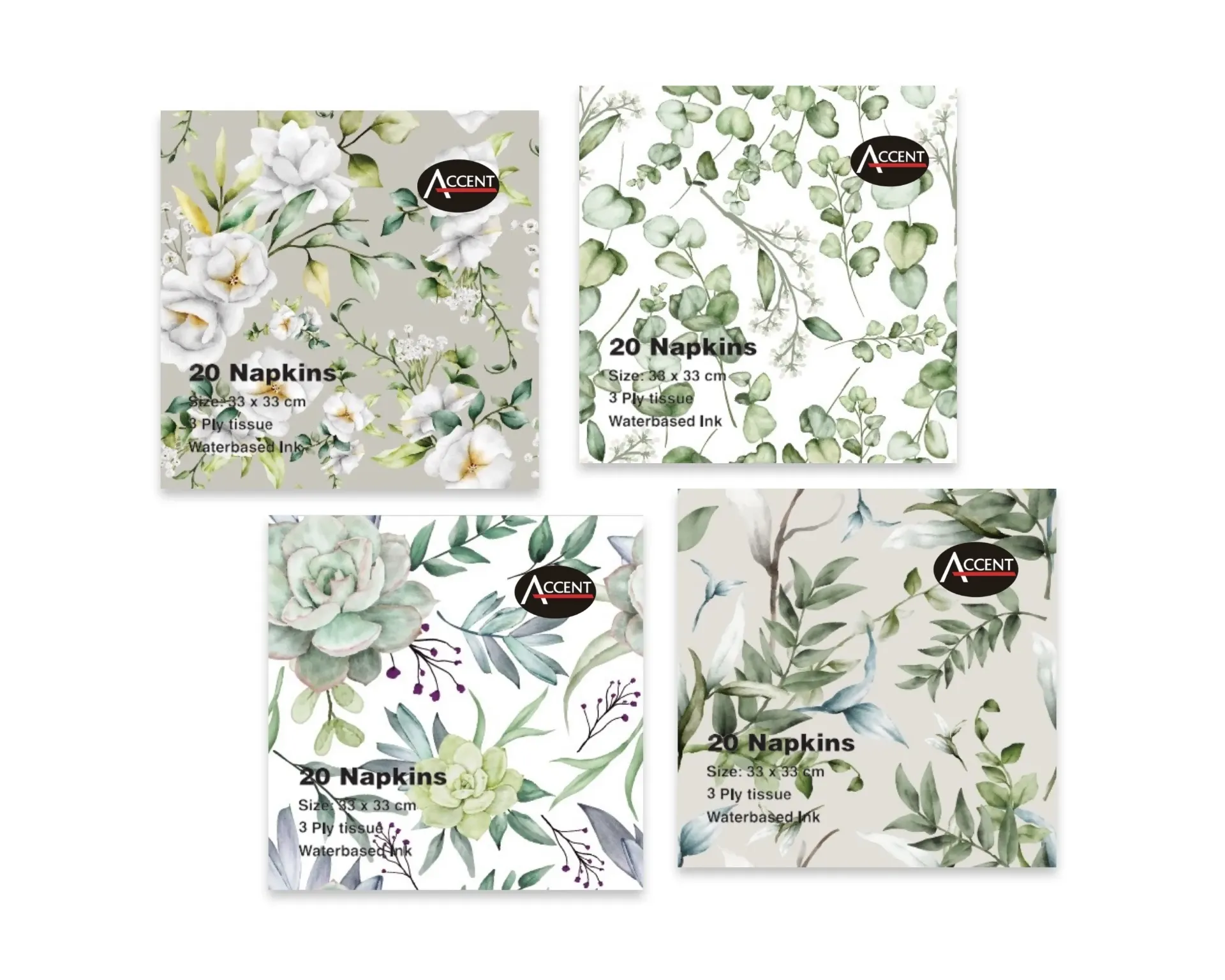 [PAR36496] EUCALYPTUS PATTERN NAPKIN 3PLY PK20 33X33CM 4 ASST