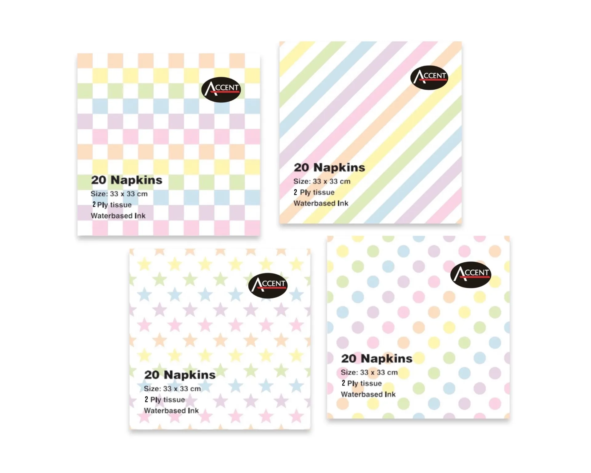 [PAR36495] DOTS STARS GINGHAM DIAGONAL STRIPES NAPKIN 2PLY 33X33CM 4/S