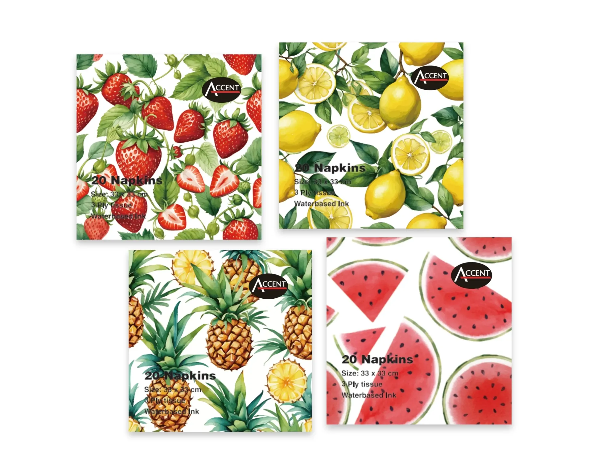 [PAR36873] FRUIT PRINT NAPKINS PK20 2PLY 33x33cm 4 ASST COLS