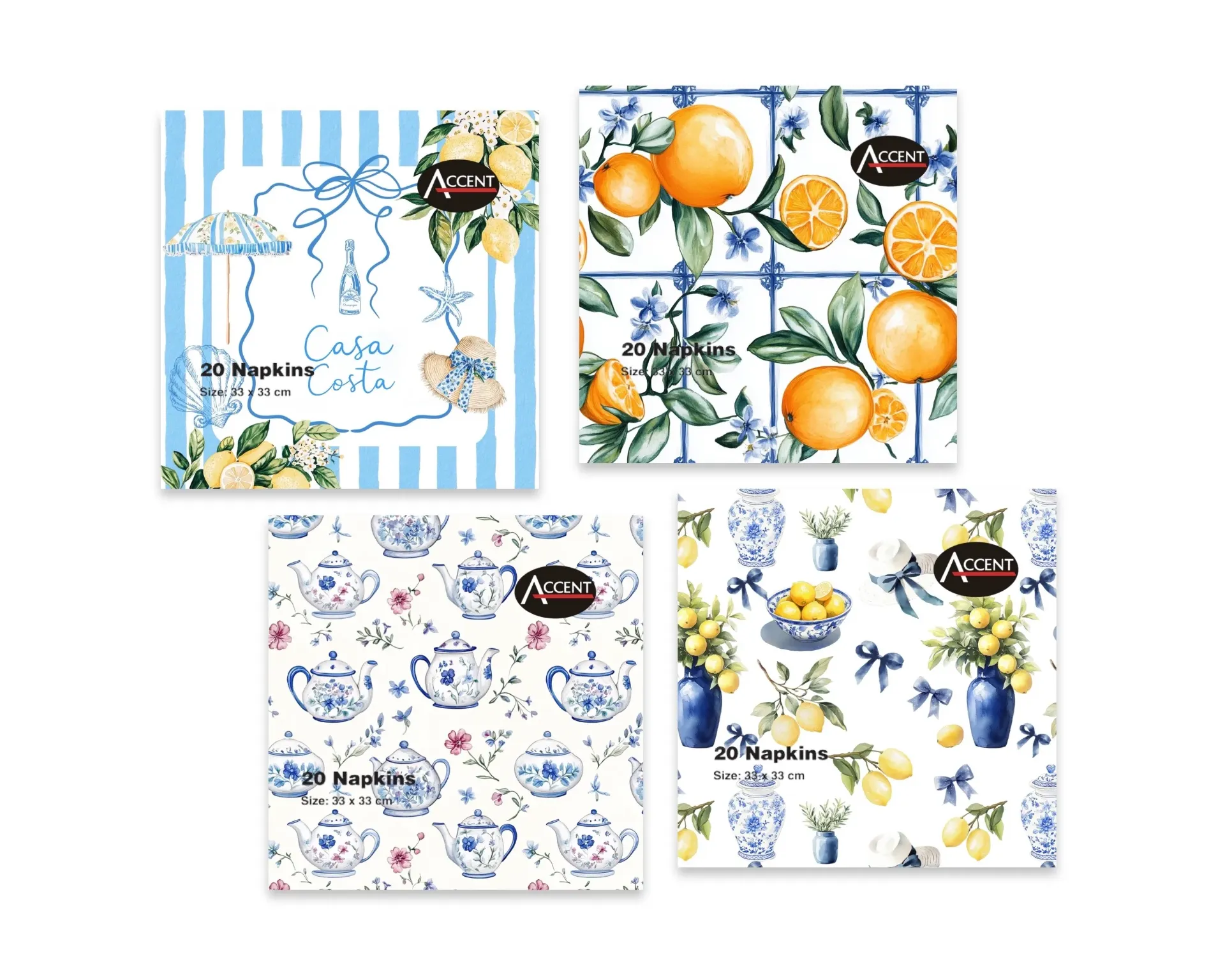[PAR38975] CASA COSTA  NAPKINS PK20 2PLY 33x33cm 4 ASST